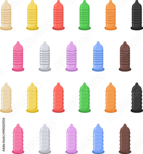 Collection of colorful condoms for sexual health and contraception – vector set. 