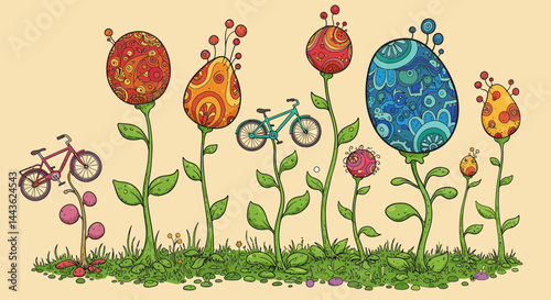 Whimsical bicycle art fantasy garden illustration with colorful flowers and bike drawing in nature scene