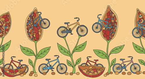 Bicycle bike cycle riding transport vehicle flowers plants pattern seamless design nature illustration art