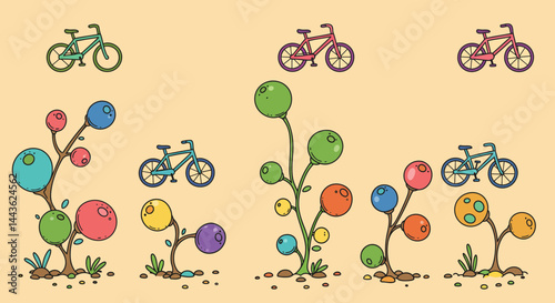 Colorful bicycles and whimsical plants illustration for children books and creative projects design art 100