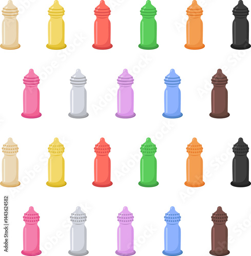 Collection of colorful condoms for sexual health and contraception – vector set. 