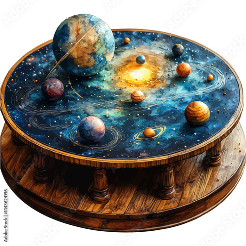 Rotating Orrery Showing Planets In Orbit, watercolor vector, isolated on a white background.