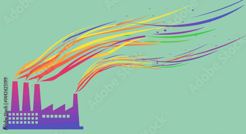 Colorful factory smoke pollution illustration industrial emissions climate change art design concept
