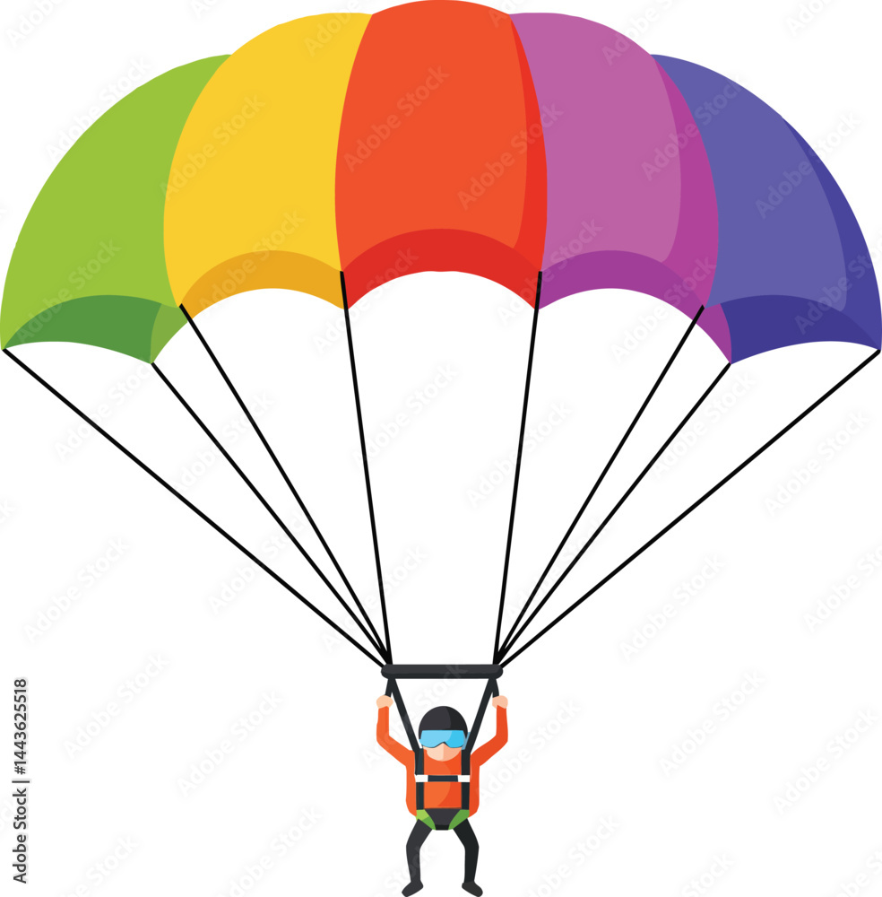Obraz premium Parachute jumper with colorful rainbow canopy illustration in vector style for outdoor sports and adventure activities 