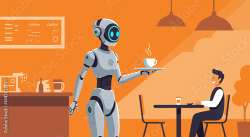 Robot waiter serving coffee in a cafe automation artificial intelligence service industry technology concept