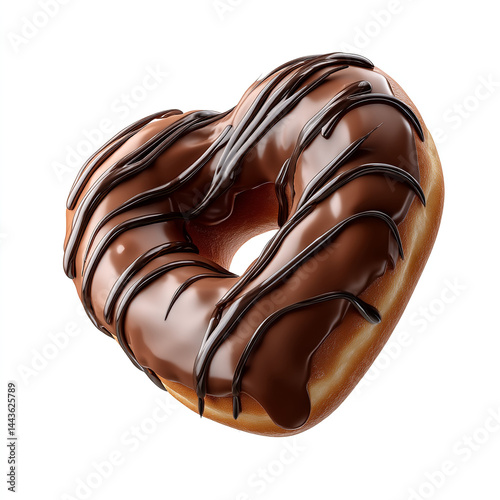 Realistic heart-shaped chocolate donut with glossy chocolate icing and dark chocolate drizzle isolated on transparent background. isolated white background
