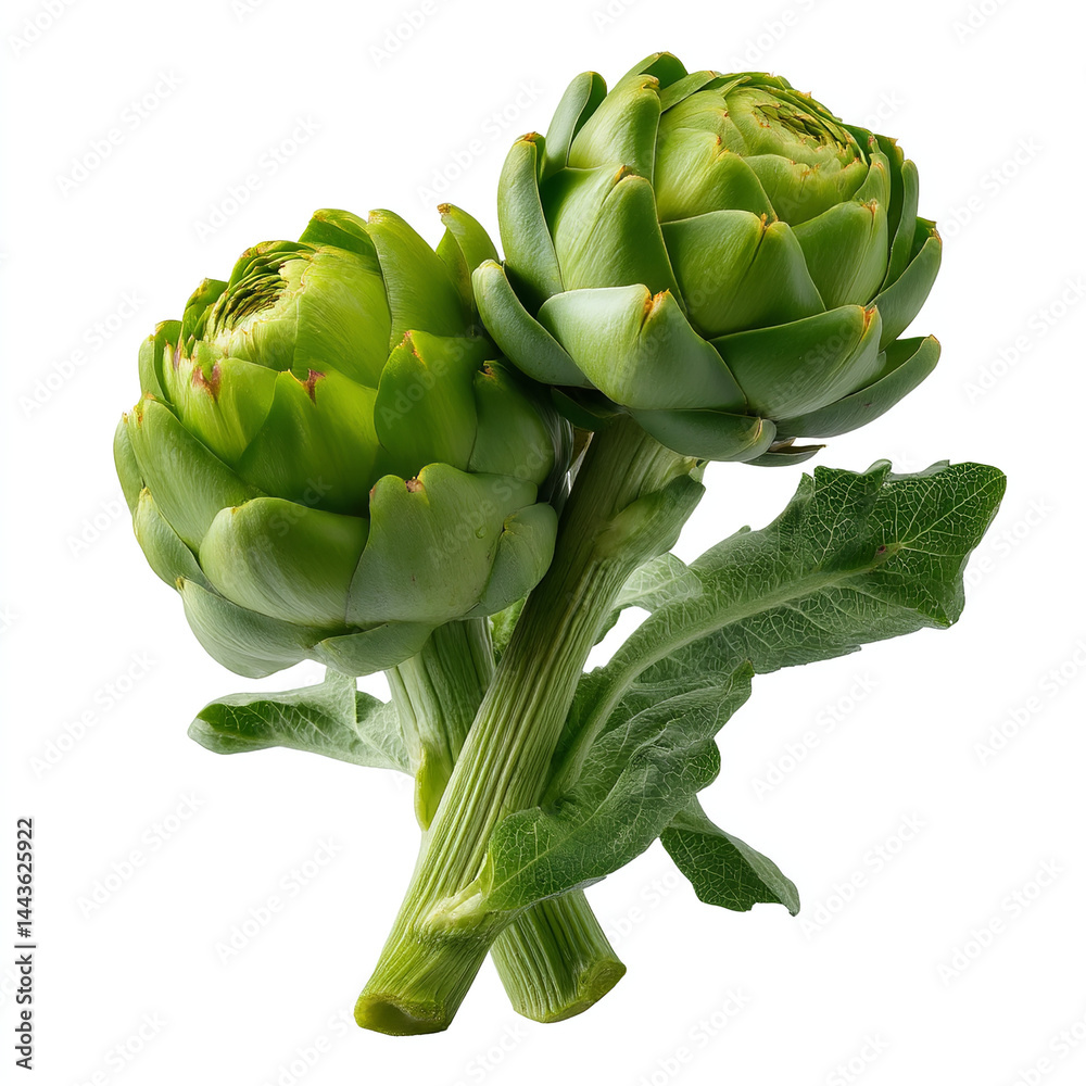 Fototapeta premium Two fresh green artichokes with layered leaves and thick stems isolated on transparent background. isolated white background