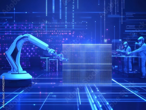 未来的な青色の工場風景 産業用ロボットと作業員が光るデジタル環境で作業