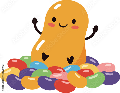 Cute jelly bean character sitting among colorful assorted jelly beans vector illustration with happy expression 
