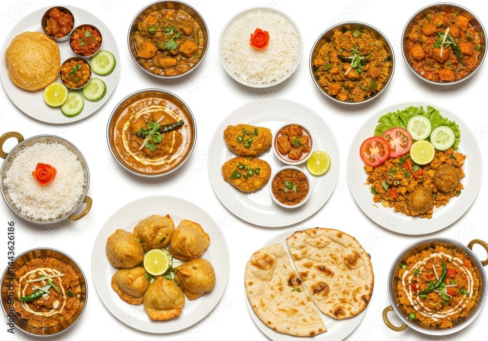 Overhead view of assorted indian dishes on white background Overhead view of assorted indian dishes on white background