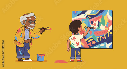 Grandfather and grandson painting together art creative family bonding colorful artwork painting scene illustration