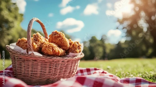 A brown wicker basket with fresh bread and flowers sits on green nature grass, suggesting a healthy outdoor meal. Zoom in