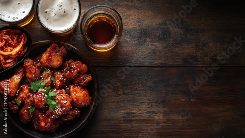 A gourmet dish of meat and vegetables with a hot red chili sauce and spices, zoom in.
