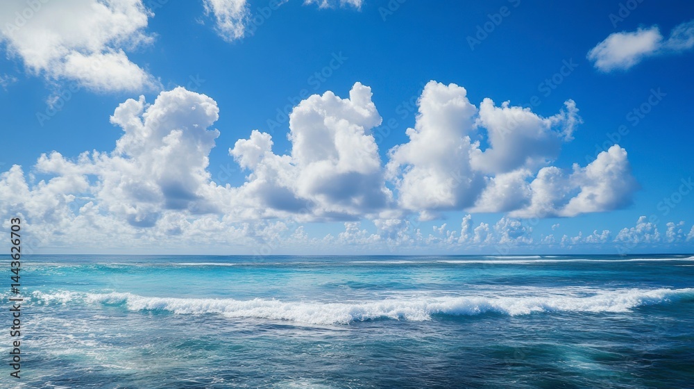 Panoramic view of a tropical ocean scene with fluffy white clouds and blue sky. Panoramic view of a tropical ocean scene with fluffy white clouds and blue sky.