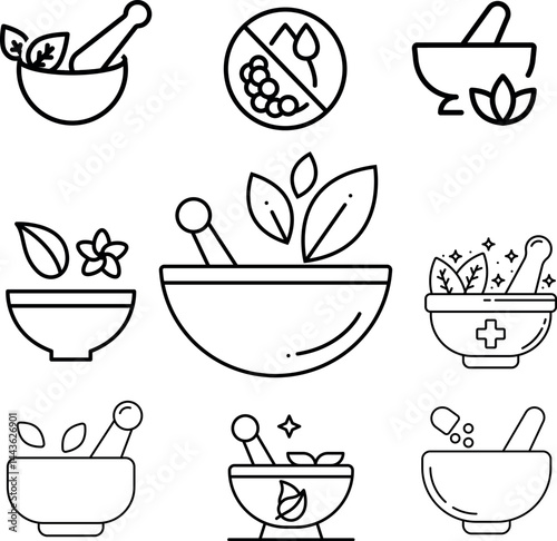 Ayurvedic Mortar and Pestle Icon Set Natural Healing and Herbal Medicine Vectors