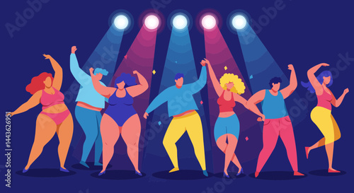Illustration of diverse people dancing party celebration fun nightlife music event spotlight happy together 100