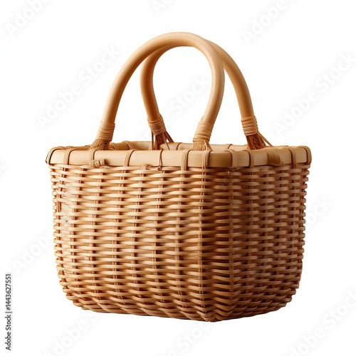 Realistic wicker basket with woven pattern square base curved handles and natural light brown color isolated on transparent background. isolated white background