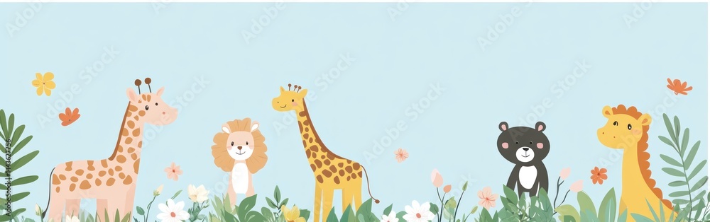 Naklejka premium Cute Cartoon Animals in a Floral Garden