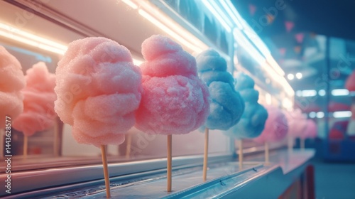 Pink and blue cotton candy on sticks at a fair