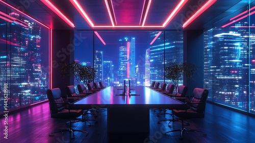 Neon themed conference room with vibrant city skyline in the background image
