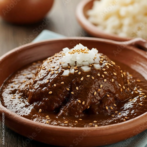 Delicious mole poblano traditional mexican cuisine dish with rice and onions food photography and gourmet meal