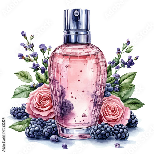 watercolor of Rose-scented Body Mist Bottle, vector, isolated on a white background.