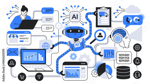 Automating processes with AI. Neural network or digital bot analyzes data, processes information and answers user questions. Innovative modern technologies. Flat outline vector illustration