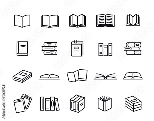 Books line Icon Set. Simple symbols with open textbooks, stacks of books to read and literature in library. Editable stroke. Outline vector illustration collection isolated on background