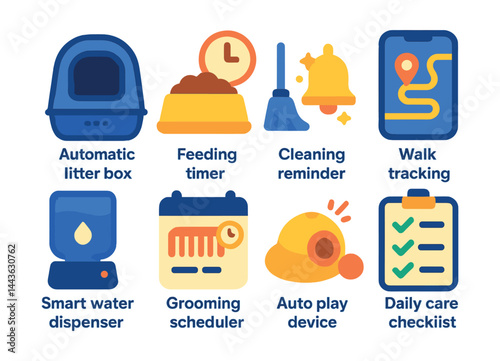 Flat vector icons of pet routine and automation: automatic litter box, feeding timer icon, cleaning reminder bell, walk tracking app, smart water dispenser, grooming scheduler, auto play device,