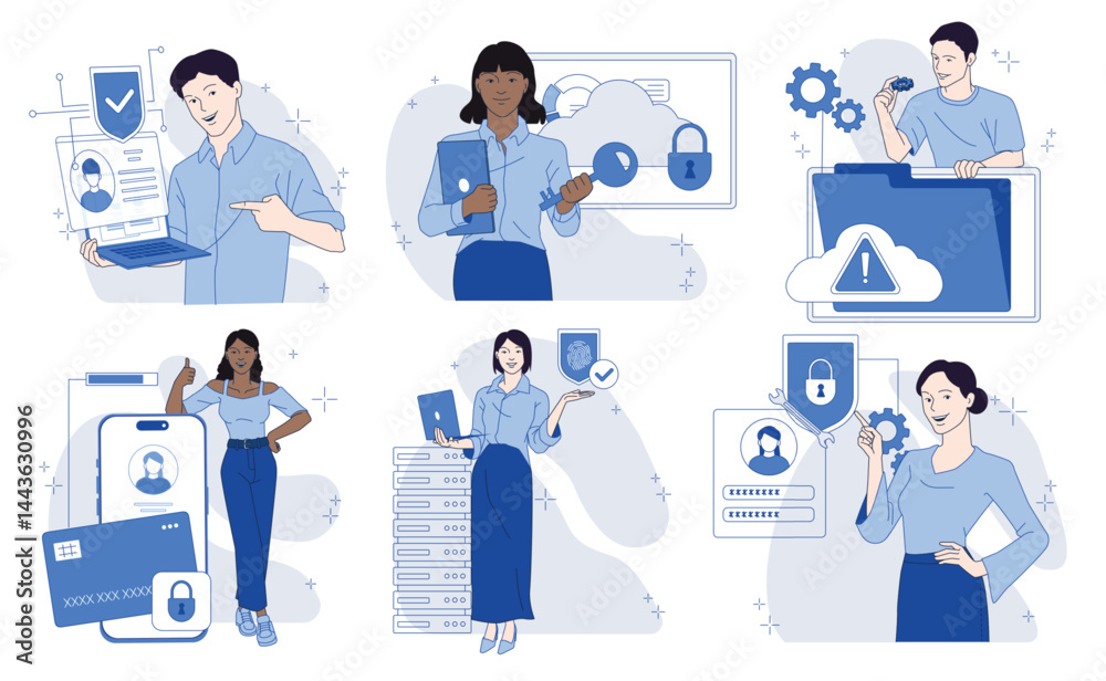 Cloud computing and network safety. Set of scenes with men and women interacting with databases. Cyber security software. Flat outline vector illustration collection isolated on background