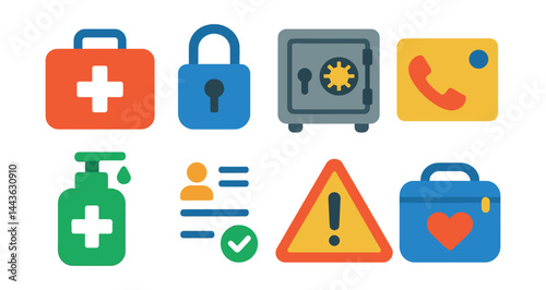 Flat vector icons of travel safety and health: first aid kit, travel lock, safe storage box, emergency hotline card, personal sanitizer, health declaration form, local alert icon, care kit.