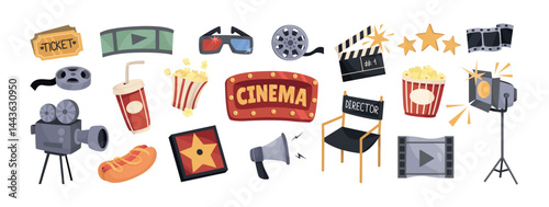 Cinema sticker set. Movie labels or patches with popcorn, camera, producer chair, spotlight, film and 3D glasses. Trendy design elements. Cartoon vector illustration collection isolated on background