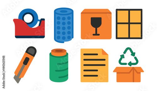 Flat vector icons of packaging and supplies: tape dispenser, bubble wrap roll, fragile box icon, shipping label sheet, box cutter, stretch film roll, packing list, recyclable carton icon.