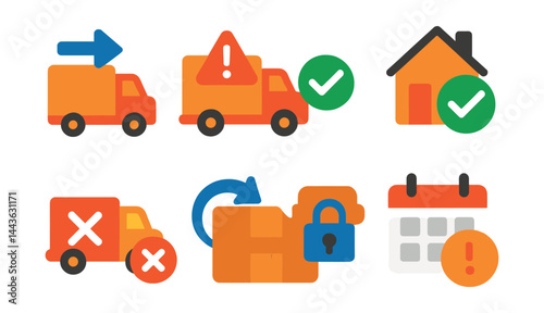 Flat vector icons of shipping statuses: in transit icon, delayed shipment alert, out for delivery icon, delivered checkmark, failed delivery symbol, return initiated, customs hold icon, estimated