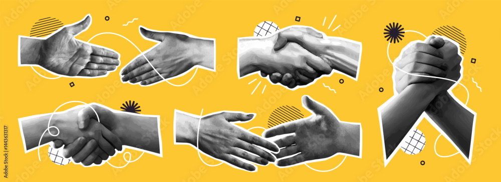 © Rudzhan - Halftone retro stickers with handshakes. Vintage patch set with hands of entrepreneurs and partners reaching out to each other. Agreement and deal. Realistic vector illustration isolated on background
