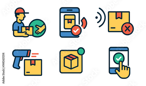 Flat vector icons of contactless delivery features: no-contact handoff, photo proof icon, doorbell notification, delivery without signature, package scan icon, automated message alert, drop zone
