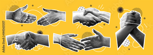 Halftone retro stickers with handshakes. Vintage patch set with hands of entrepreneurs and partners reaching out to each other. Agreement and deal. Realistic vector illustration isolated on background