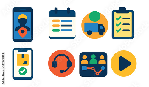 Flat vector icons of logistics workforce tools: driver app icon, shift schedule card, vehicle assignment symbol, delivery checklist, proof of delivery screen, support contact button, team route board