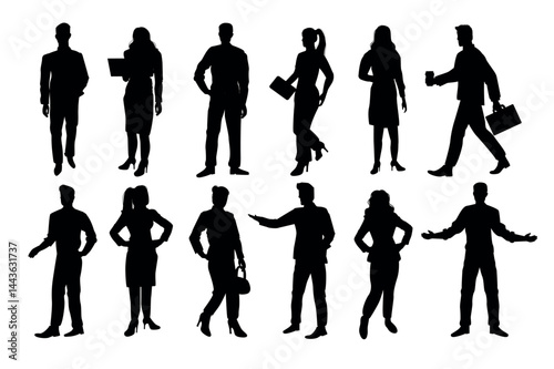 Set of silhouettes of different business people. Dark or black figures of men and women entrepreneurs or office workers going to meeting. Flat vector illustration collection isolated on background