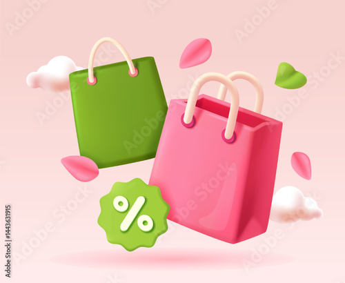 Advertising background with shopping bag. Marketing banner with package surrounded by petals of blooming flowers and green leaves. Seasonal spring sale. 3D vector illustration in plasticine style