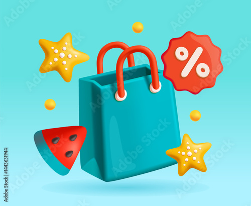Advertising background with shopping bags. Banner with packages surrounded by juicy watermelon and starfish. Seasonal Summer Sale and Special Offer. 3D vector illustration in plasticine style