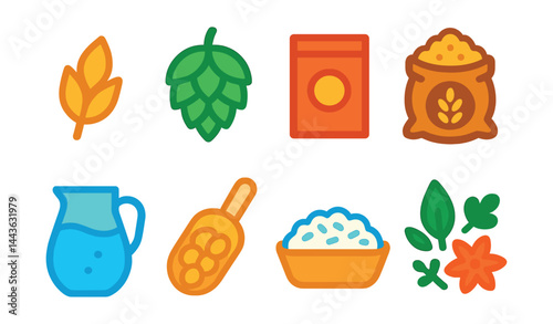 Flat vector icons of brewing ingredients: barley grain icon, hops cone symbol, yeast packet, malt sack badge, brewing water jug, corn adjunct scoop, rice flakes tray, flavoring herbs mix.