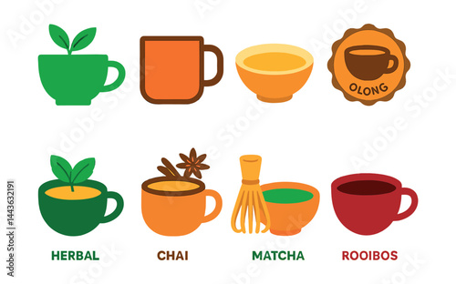 Flat vector icons of tea types: green tea cup icon, black tea in mug, white tea in bowl, oolong tea badge, herbal tea with mint, chai with spices, matcha whisked in bowl, rooibos red tea.