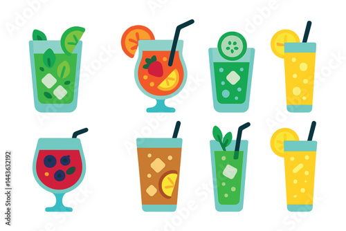 Flat vector icons of non-alcoholic mocktails: virgin mojito glass, tropical punch with fruit, cucumber tonic mocktail, citrus fizz drink, berry cooler, iced ginger soda, herbal spritzer, lemonade in