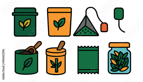 Flat vector icons of tea packaging and storage: loose tea tin icon, resealable pouch, pyramid tea bag, tea label tag, canister with scoop, bamboo tea caddy, sample sachet, glass jar with dried leaves