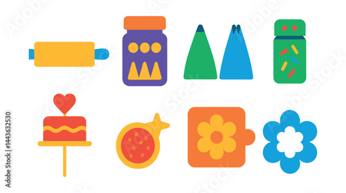 Flat vector icons of decorating elements: fondant roller, edible pearls jar, icing tip set, sprinkle shaker, cake topper icon, edible glitter, stencil for sugar, flower-shaped cutter.