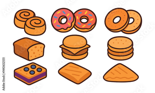 Flat vector icons of breakfast baking: cinnamon rolls, baked donuts with glaze, toasted bagel halves, banana bread slice, breakfast biscuit sandwich, English muffin, blueberry breakfast bar, puff