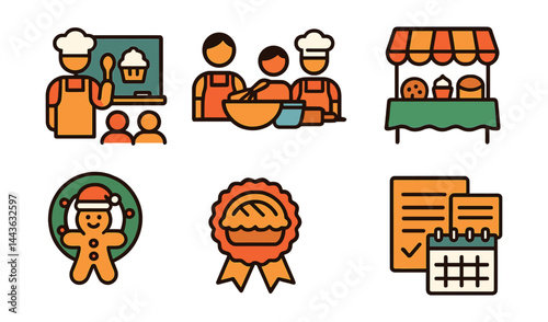Flat vector icons of baking-themed events: baking class icon, family baking day, bake sale table, recipe swap card, holiday baking party, pastry contest badge, weekend baking plan, seasonal recipe