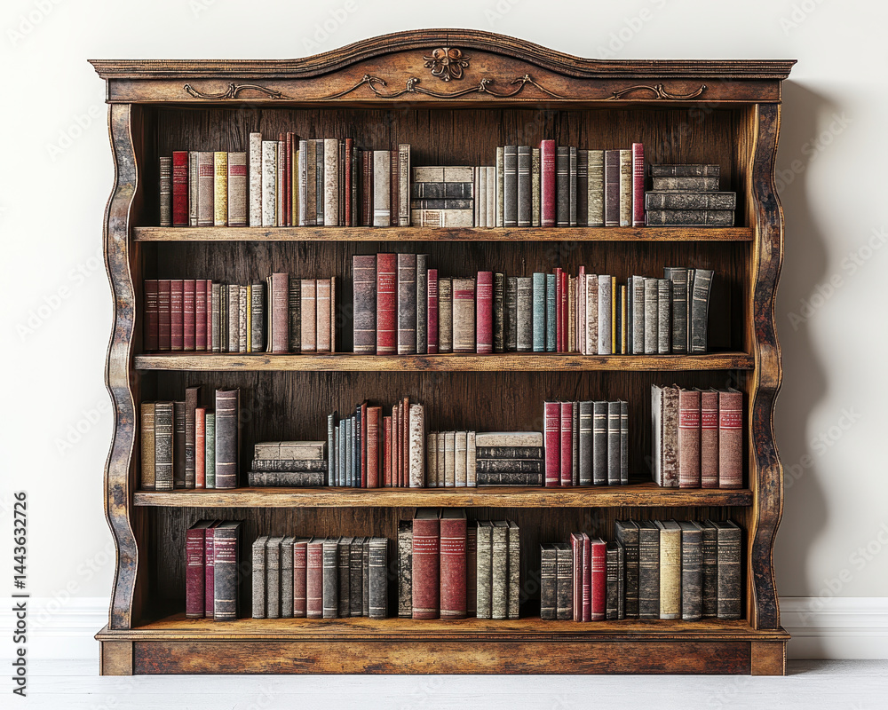 Elegant Classic Wooden Bookshelf Filled with Vintage Books Isolated on White Background