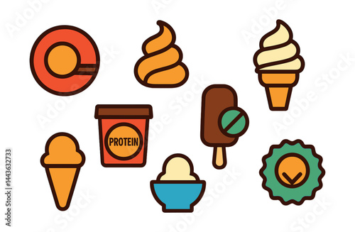 Flat vector icons of low-calorie ice cream options: 100-calorie scoop icon, low-sugar swirl, light vanilla cone, protein ice cream tub, sugar-free bar, keto ice cream label, portion control cup,
